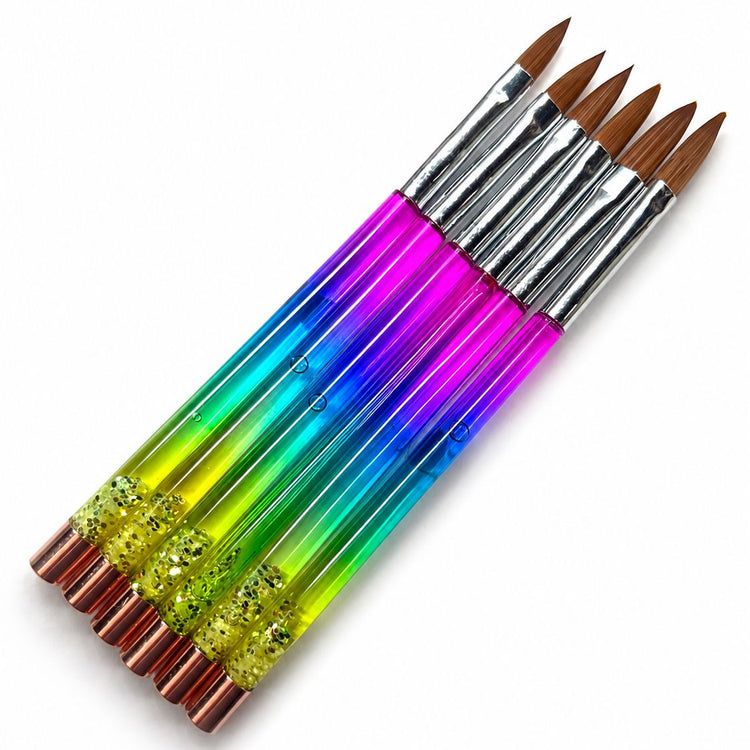 Acrylic nail brush set with rainbow glitter handles, silver ferrules and pointed brown bristles for professional acrylic nail application