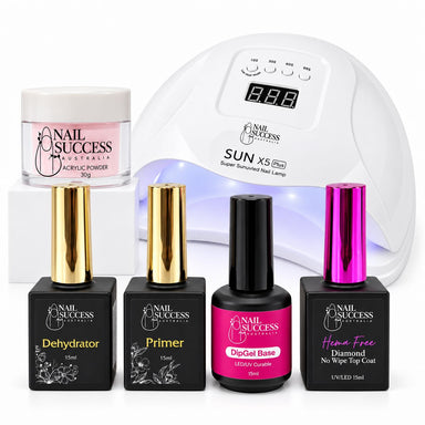 LED nail lamp, Dehydrator, Primer, DipGel Base, HEMA free Diamond No Wipe Top Coat and 30g pink acrylic powder