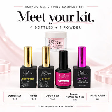 Meet your kit: Acrylic Gel Dipping Sampler Kit contents, four 15ml bottles and one 30g Nail Success acrylic powder jar, lamp not included