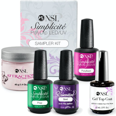 UV Sampler Kit with attraction nail powder, PolyBase, prep, bond primer, and gel top coat