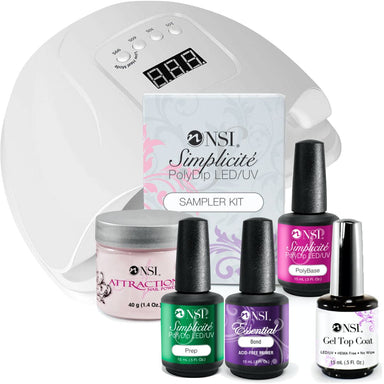 UV Sampler Kit with UV LED lamp, attraction nail powder, PolyBase, prep, bond primer, and gel top coat