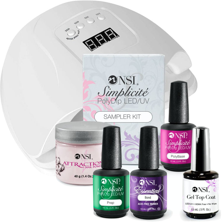 UV Sampler Kit with UV LED lamp, attraction nail powder, PolyBase, prep, bond primer, and gel top coat