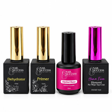 Nail Success Australia Acrylic Gel Dipping Trial Kit with Dehydrator, Primer, DipGel Base and HEMA free Diamond No Wipe Top Coat, four 15ml bottles, powder not included