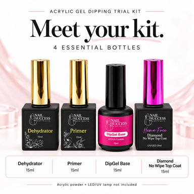 Meet your kit: Acrylic Gel Dipping Trial Kit contents, four 15ml bottles, Dehydrator, Primer, DipGel Base and Diamond No Wipe Top Coat, powder and lamp not included