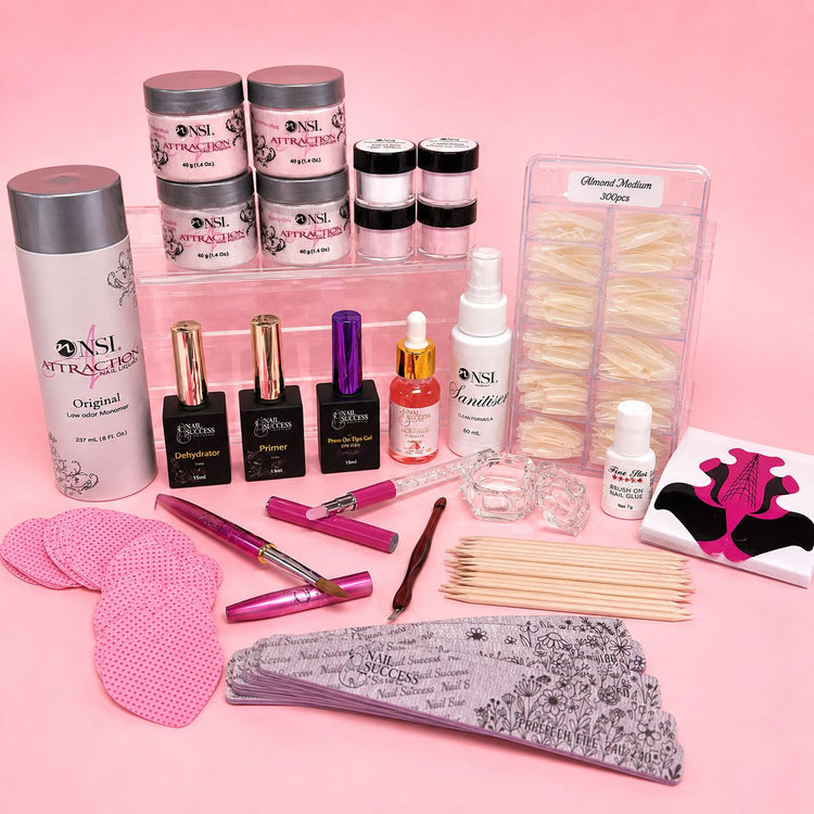 Professional acrylic nail kit with acrylic powders, monomer, primer, dehydrator, almond nail tips, brush-on nail glue, nail forms, files and manicure tools