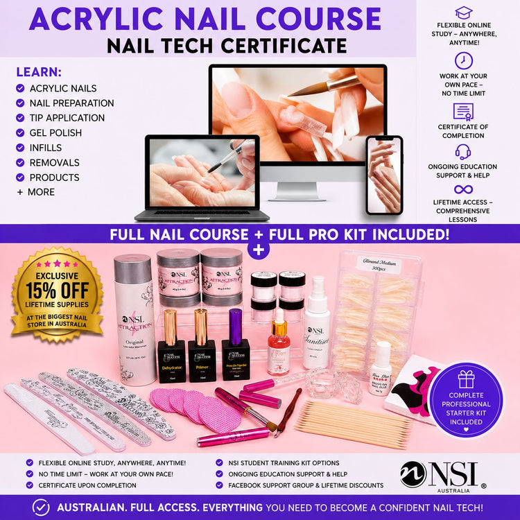 Acrylic nail course with online nail tech certificate training, flexible study, certificate of completion and full professional acrylic starter kit included