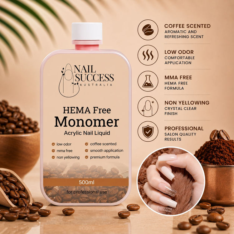 Nail Success Australia HEMA free acrylic nail liquid monomer, 500ml coffee scented, low odor, MMA free and non-yellowing formula