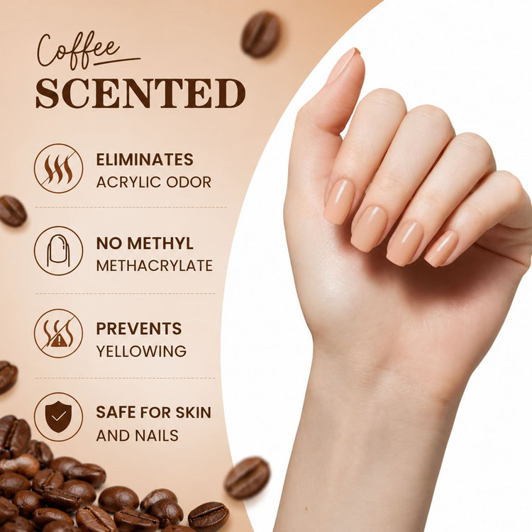 Coffee scented HEMA free acrylic nail liquid monomer benefits graphic with nude manicure, low odor, MMA free and non-yellowing formula