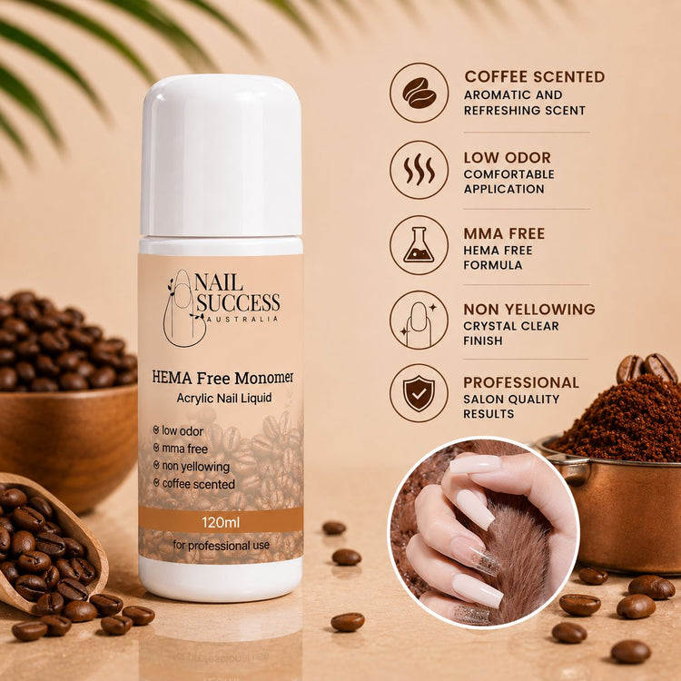 Nail Success Australia HEMA free acrylic nail liquid monomer, 120ml coffee scented, low odor, MMA free and non-yellowing formula