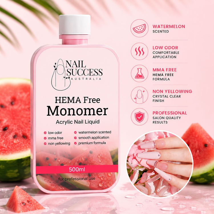Nail Success Australia HEMA free acrylic nail liquid monomer, 500ml watermelon scented, low odor, MMA free and non-yellowing formula