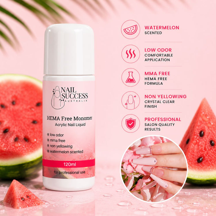 Nail Success Australia HEMA free acrylic nail liquid monomer, 120ml watermelon scented, low odor, MMA free and non-yellowing formula