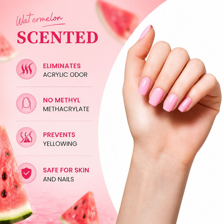 Watermelon scented HEMA free acrylic nail liquid monomer benefits graphic with pink manicure, low odor, MMA free and non-yellowing formula