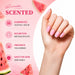 Watermelon scented HEMA free acrylic nail liquid monomer benefits graphic with pink manicure, low odor, MMA free and non-yellowing formula