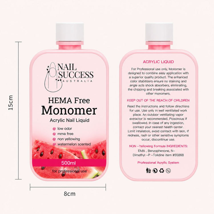 Nail Success Australia HEMA free acrylic nail liquid monomer, 500ml watermelon scented, low odor, MMA free and non-yellowing formula
