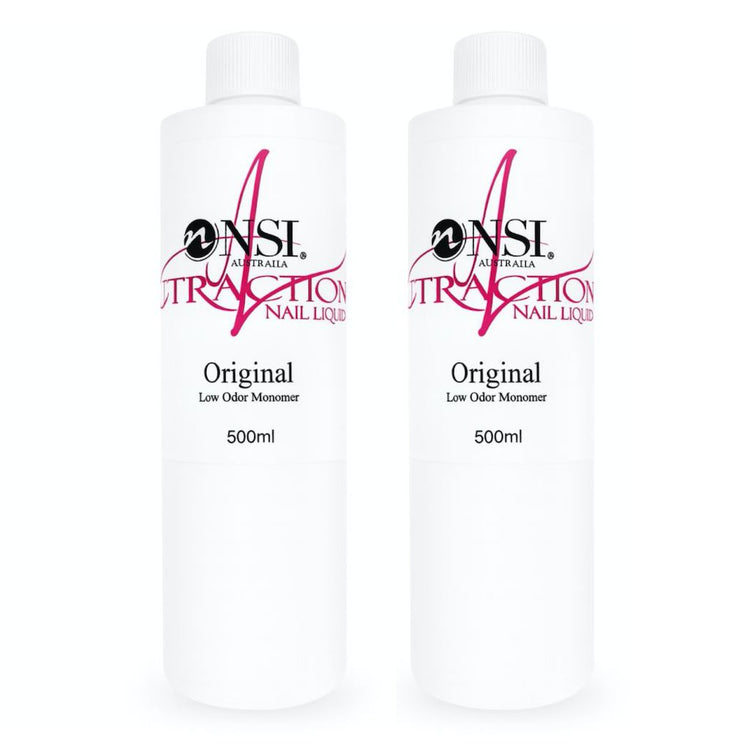 NSI Attraction Original low odour acrylic nail liquid monomer 1L pack – two 500ml bottles.