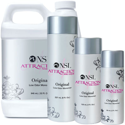 NSI Attraction Original Low Odor Monomer — acrylic nail liquid, multi-size bottles on white background