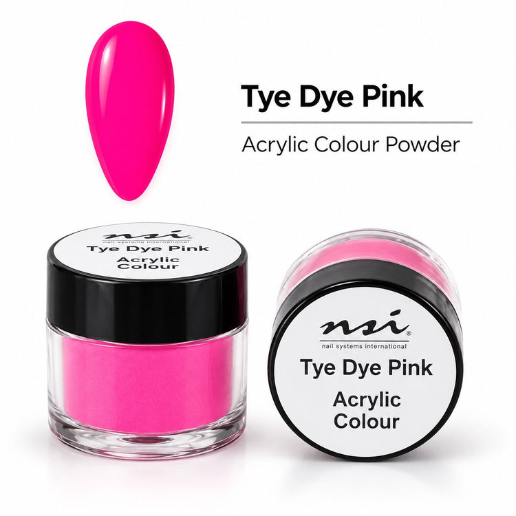 NSI Tye Dye Pink 7 g acrylic colour powder in a clear jar with black lid, shown with a glossy hot pink nail swatch.