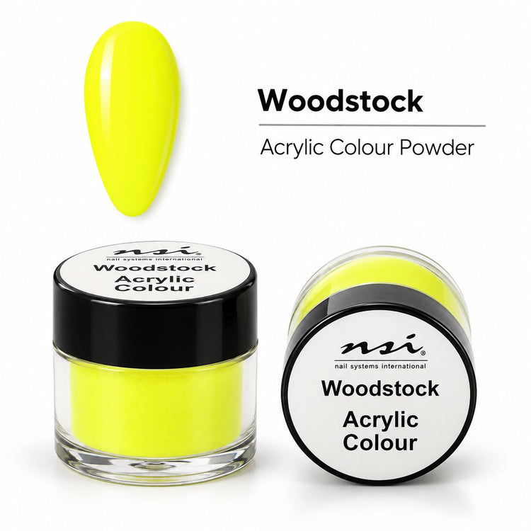 NSI Woodstock 7 g acrylic colour powder in a clear jar with black lid, shown with a glossy neon yellow nail swatch.