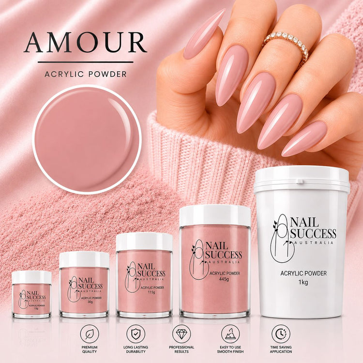 Amour rose pink acrylic powder collection with 15g, 30g, 115g, 445g and 1kg sizes for professional salon nail extensions