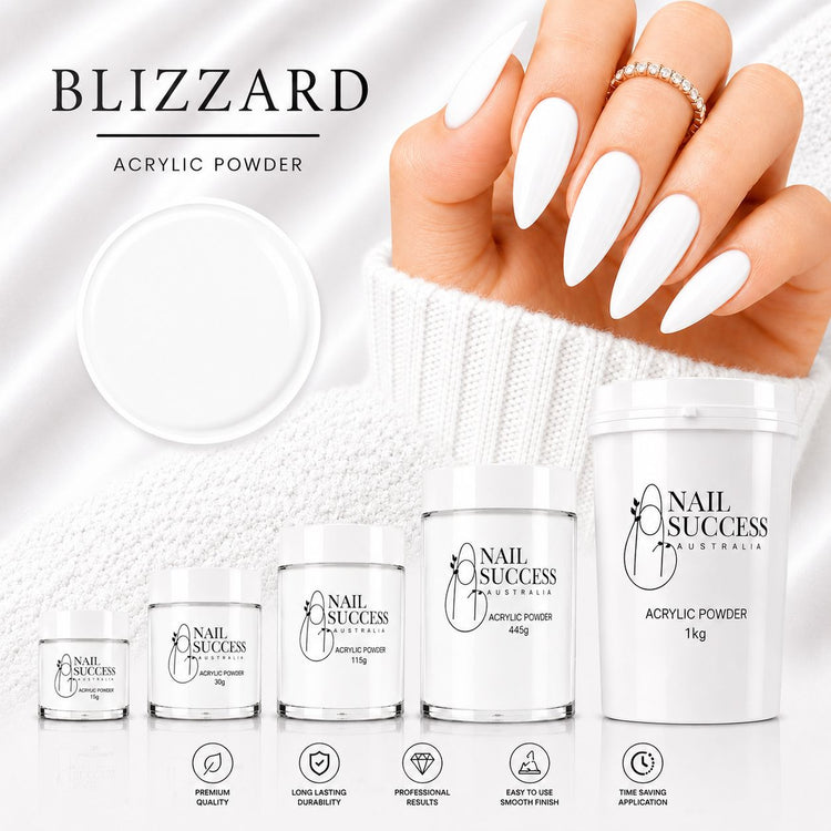 Blizzard white acrylic powder collection with 15g, 30g, 115g, 445g and 1kg sizes for professional salon nail extensions