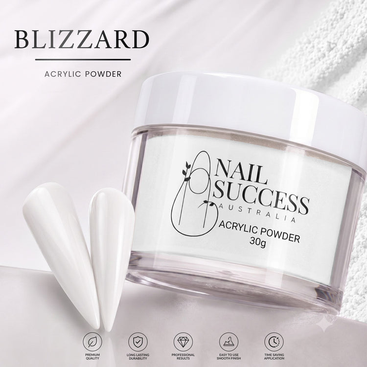 Blizzard white acrylic powder 30g jar for professional nail extensions and smooth salon manicure results