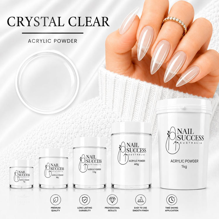Crystal Clear transparent acrylic powder collection with 15g, 30g, 115g, 445g and 1kg sizes for professional salon nail extensions