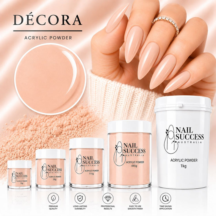 Décora peach nude acrylic powder collection with 15g, 30g, 115g, 445g and 1kg sizes for professional salon nail extensions