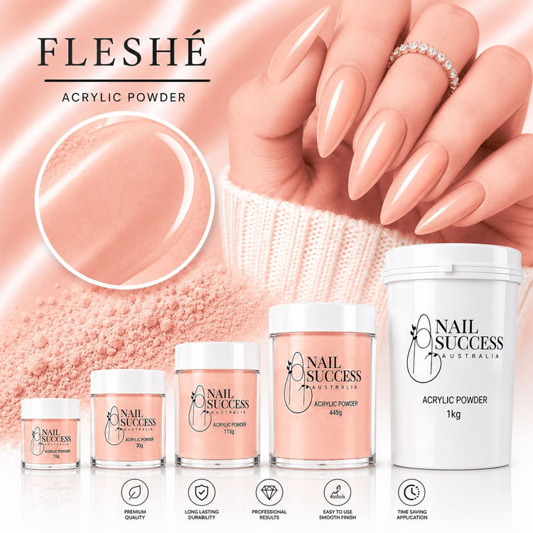Fleshé peach nude acrylic powder collection with 15g, 30g, 115g, 445g and 1kg sizes for professional salon nail extensions