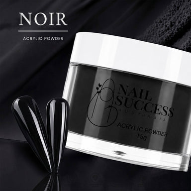 Noir black acrylic powder 15g jar with glossy black nail swatches for professional salon nail extensions