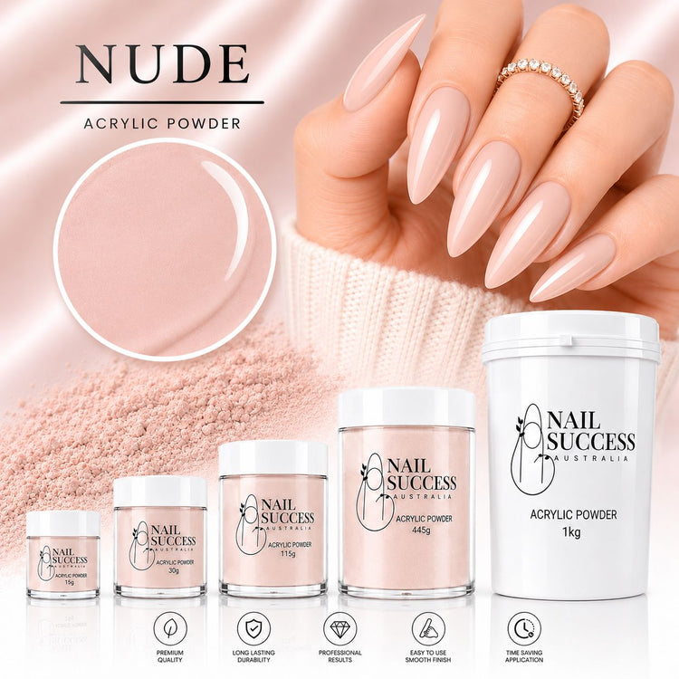 Nude soft beige acrylic powder collection with 15g, 30g, 115g, 445g and 1kg sizes for professional salon nail extensions