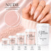 Nude soft beige acrylic powder collection with 15g, 30g, 115g, 445g and 1kg sizes for professional salon nail extensions