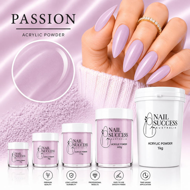 Passion lavender acrylic powder collection with 15g, 30g, 115g, 445g and 1kg sizes for professional salon nail extensions