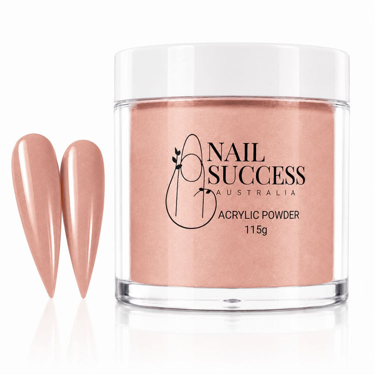 Nail Success Australia Sahara Acrylic Powder 115g jar with warm nude beige nail swatches