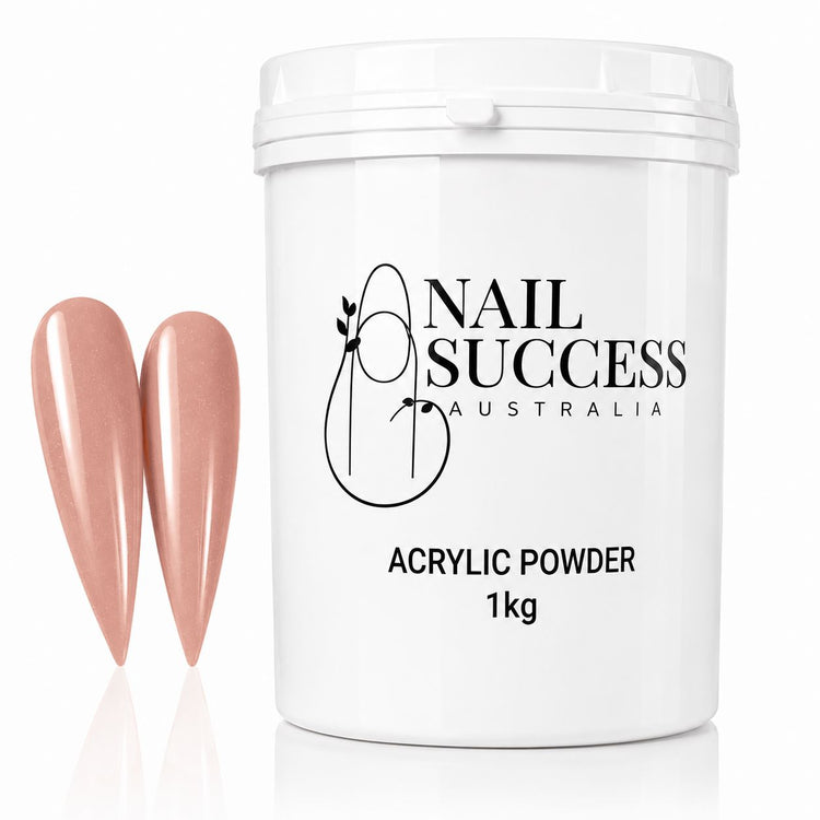 Nail Success Australia Sahara Acrylic Powder 1kg tub with warm nude beige nail swatches
