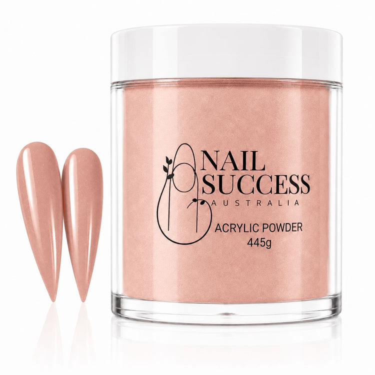 Nail Success Australia Sahara Acrylic Powder 445g jar with warm nude beige nail swatches