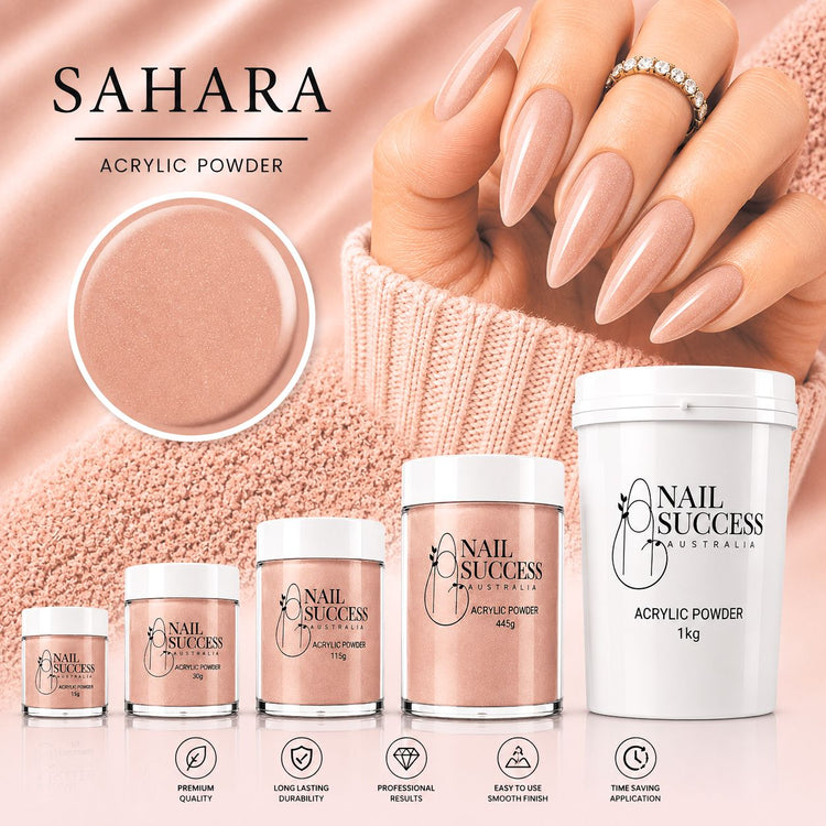 Sahara nude shimmer acrylic powder collection with 15g, 30g, 115g, 445g and 1kg sizes for professional salon nail extensions