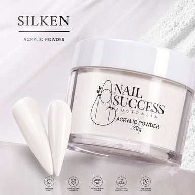 Nail Success Australia Silken acrylic powder 30g jar with soft white nail swatches for professional acrylic nail enhancements