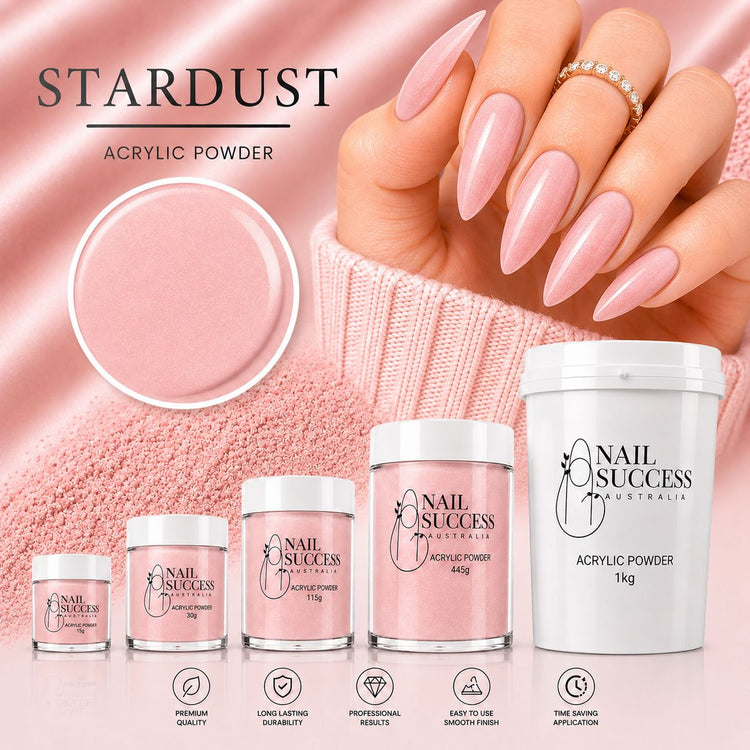 Stardust pink shimmer acrylic powder collection with 15g, 30g, 115g, 445g and 1kg sizes for professional salon nail extensions
