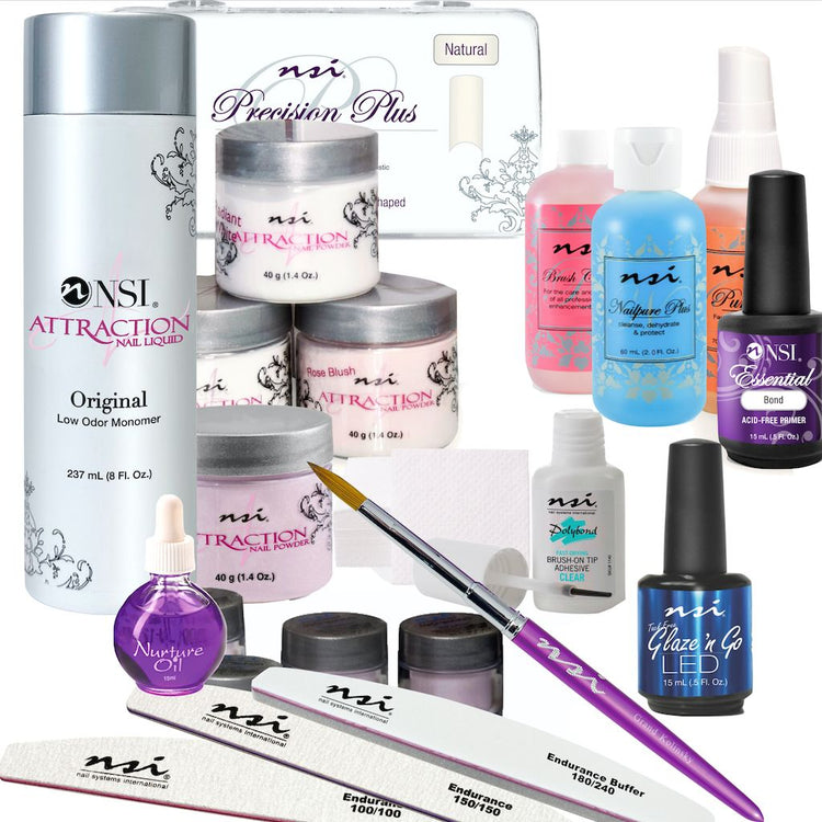 NSI Attraction Original acrylic nail professional kit with monomer, attraction powders, nail tips, primer, glaze gel, brush, files, and prep products