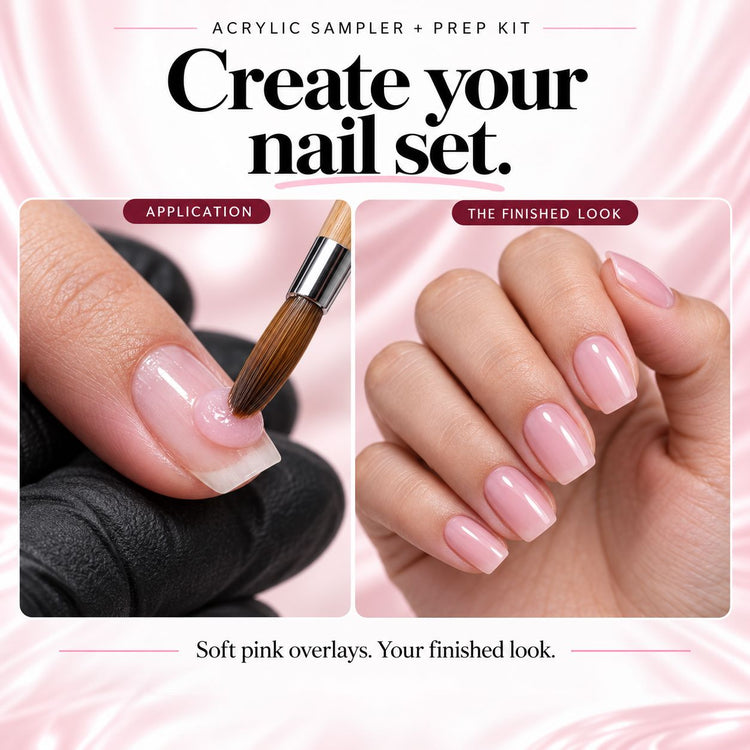 Acrylic Sampler and Prep Kit illustration showing pink acrylic application beside a finished soft-square nail set.