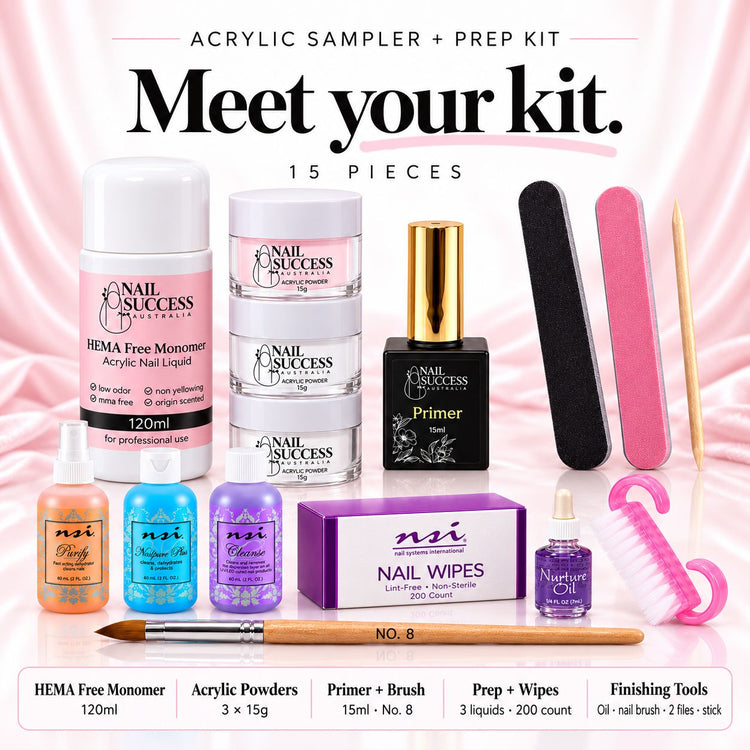 Meet your kit: 15-piece Acrylic Sampler + Prep Kit with 120ml HEMA-free monomer, 3 x 15g acrylic powders, 15ml primer, No. 8 brush, 3 prep liquids, 200 nail wipes and finishing tools