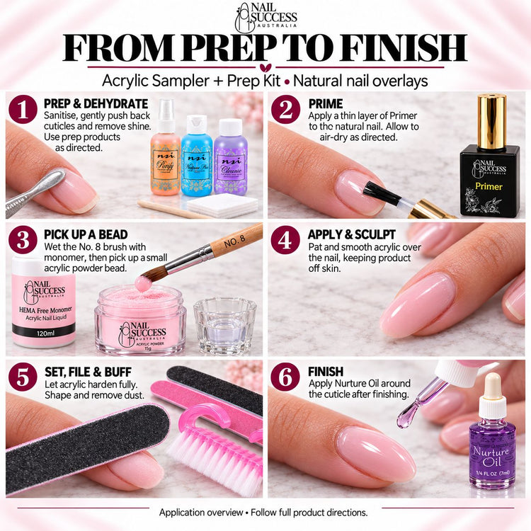 From prep to finish: 6-step natural nail overlay guide for the Acrylic Sampler + Prep Kit, from prep and prime to sculpt, file and Nurture Oil