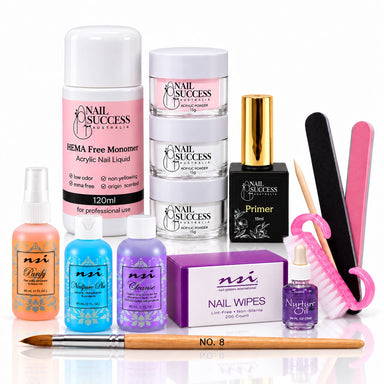 Acrylic Sampler + Prep Kit contents: Nail Success 120ml HEMA-free monomer, three 15g acrylic powders and primer, plus prep liquids, nail wipes, No. 8 brush, files, nail brush and cuticle oil