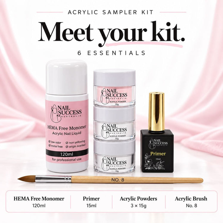 Nail Success Australia 6-piece Acrylic Sampler Kit showing 120 ml HEMA-free monomer, three 15 g powders, 15 ml primer and No. 8 brush.