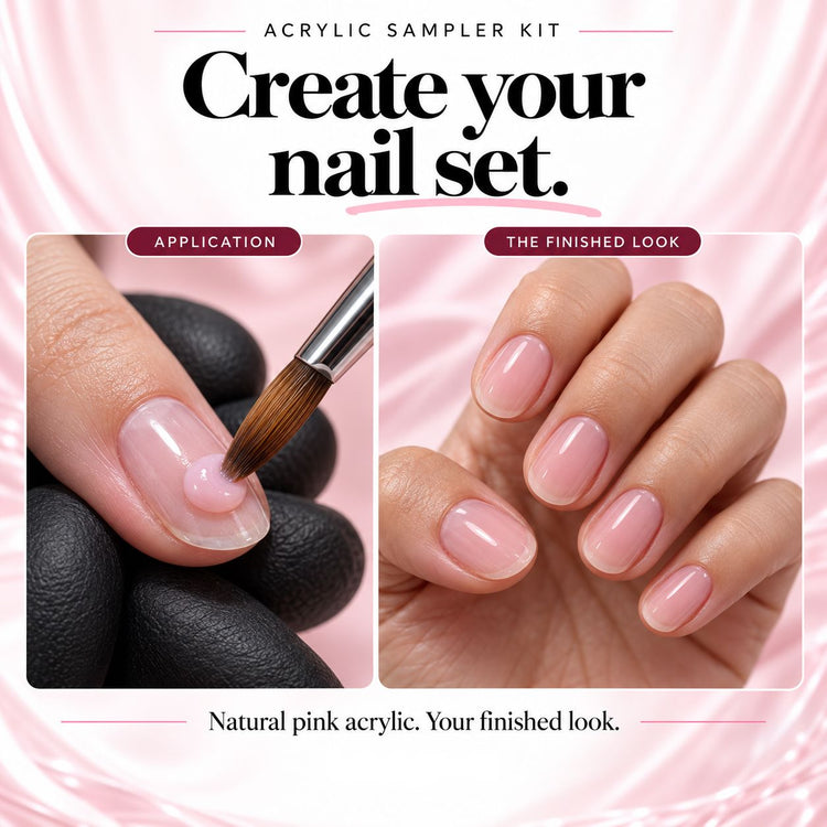Nail Success Acrylic Sampler Kit illustration showing acrylic application beside short natural pink nails.