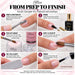 Six-step guide to natural nail overlays using the Nail Success Australia Acrylic Sampler Kit, showing preparation, sculpting, filing and finishing.