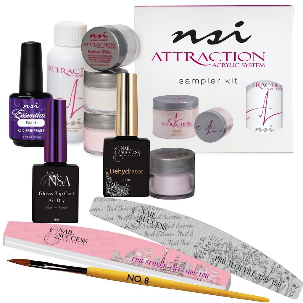 NSI Australia Acrylic Student Kit—Attraction acrylic system sampler with monomer, powders, dehydrator, primer, top coat, files & #8 brush