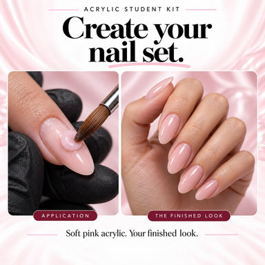 Nail Success Acrylic Student Kit illustration showing pink acrylic application beside a finished almond nail set.