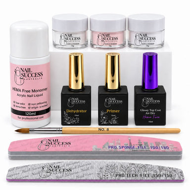 Nail Success Australia Acrylic Student Kit with HEMA-free monomer, three powders, dehydrator, primer, air-dry top coat, No. 8 brush and two files.