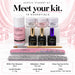 Nail Success Australia 10-piece Acrylic Student Kit with HEMA-free monomer, three powders, dehydrator, primer, top coat, brush and files.